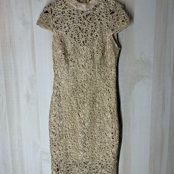 Premier Amour‎ gold cocktail dress short sleeve form fitting, size 8 - Picture 10 of 16